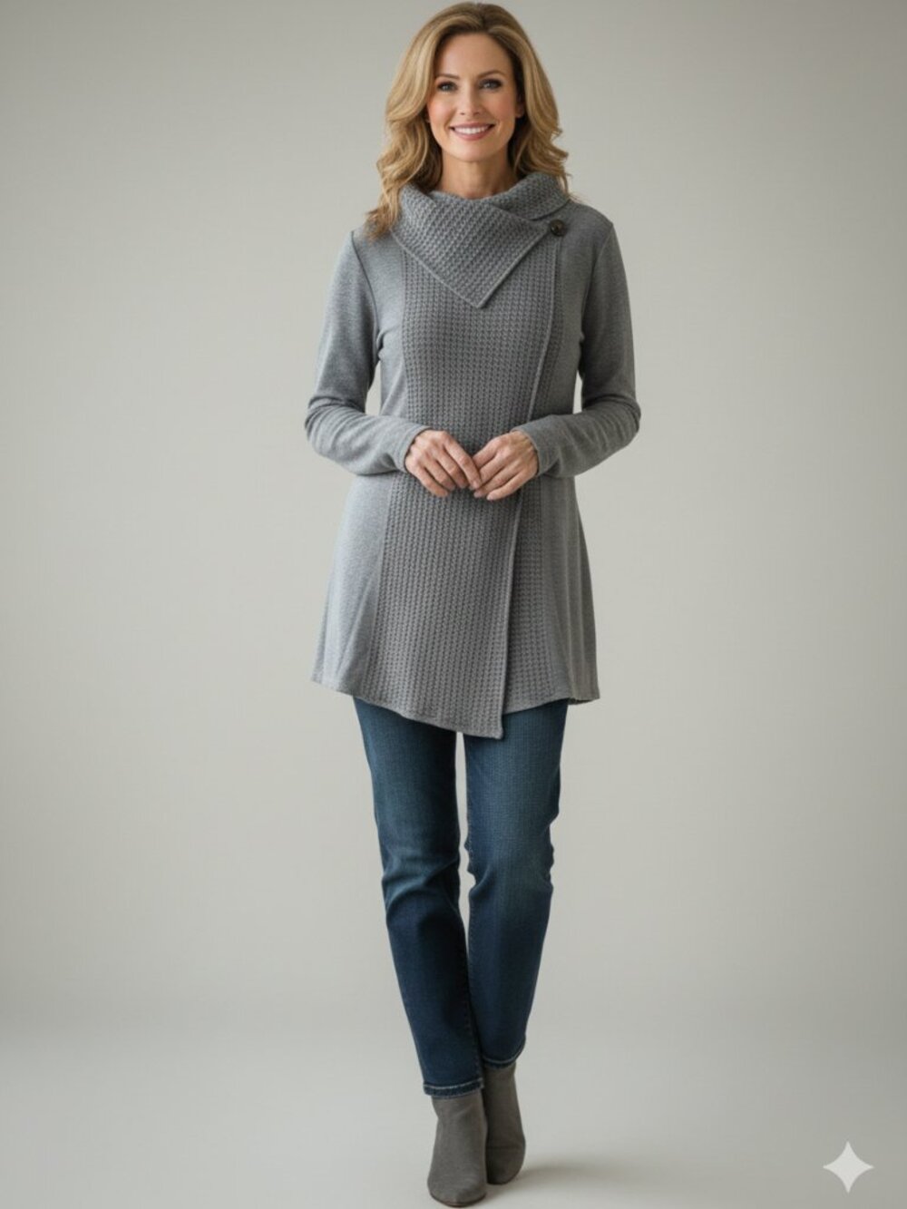 NWT Soft Surroundings Gray Asymmetrical Wrap Cardigan Sweater Tunic Top L Large